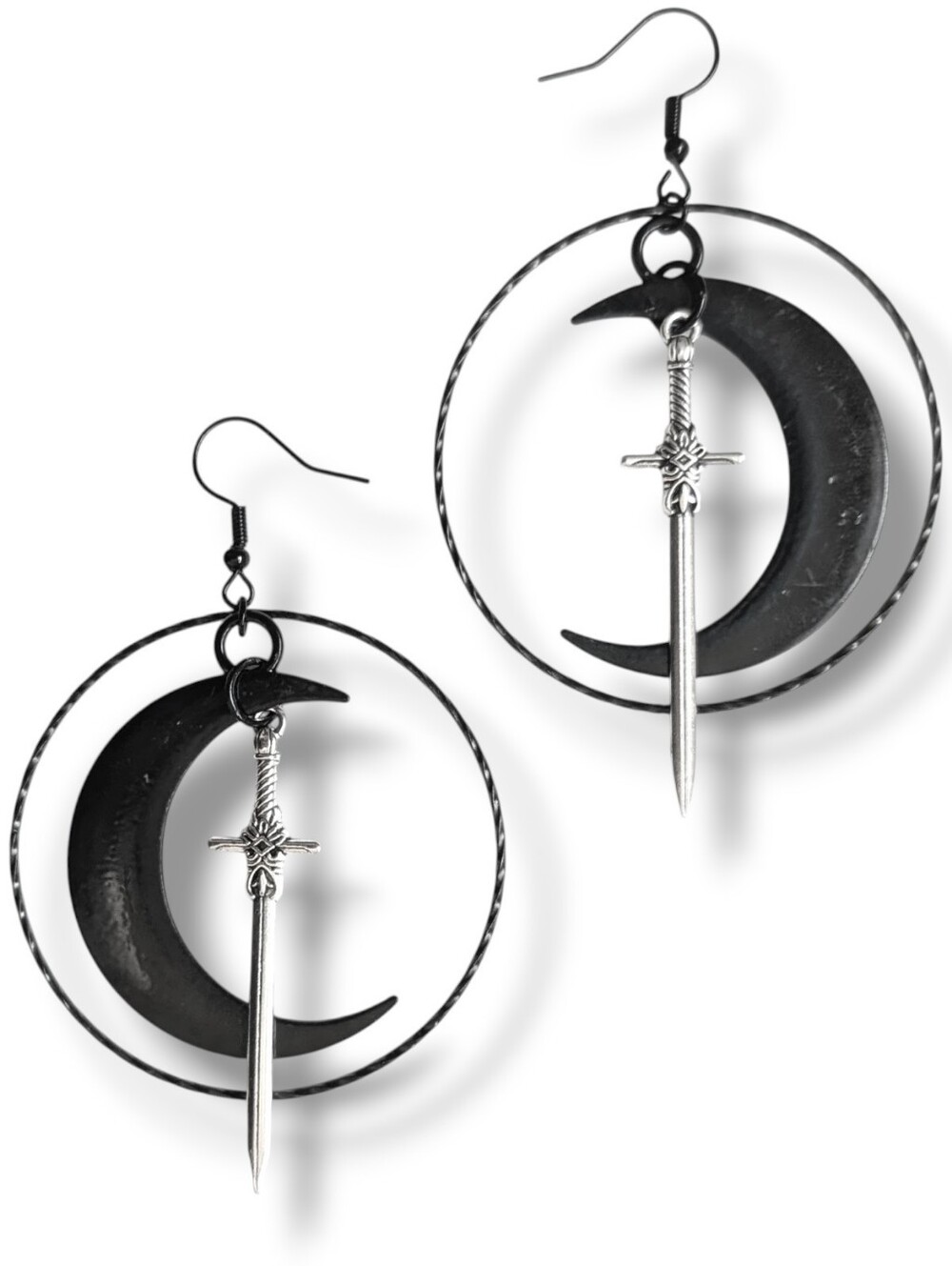 NWT Handmade Black Crescent Moon Silver Sword and Hoop Layered Earrings